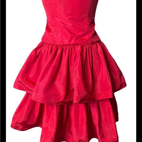 Vintage 80s Red Taffeta Tiered Full Skirt Bow Prom Cocktail Party Dress XS - Picture 2 of 6
